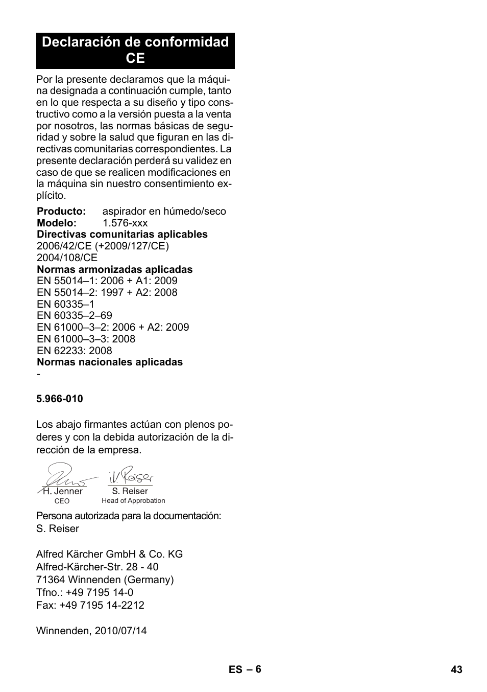 Declaración de conformidad ce | Karcher IVC 60-24-2 Tact User Manual | Page 43 / 180