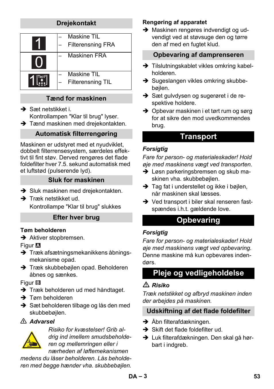 Transport opbevaring pleje og vedligeholdelse | Karcher IVC 60-24-2 Tact User Manual | Page 53 / 180