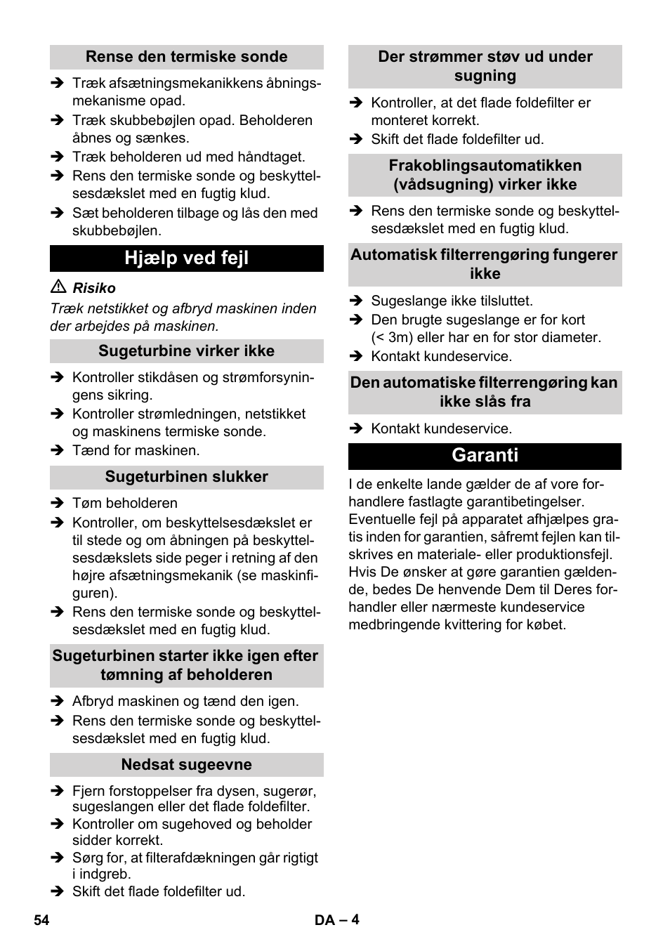 Hjælp ved fejl, Garanti | Karcher IVC 60-24-2 Tact User Manual | Page 54 / 180