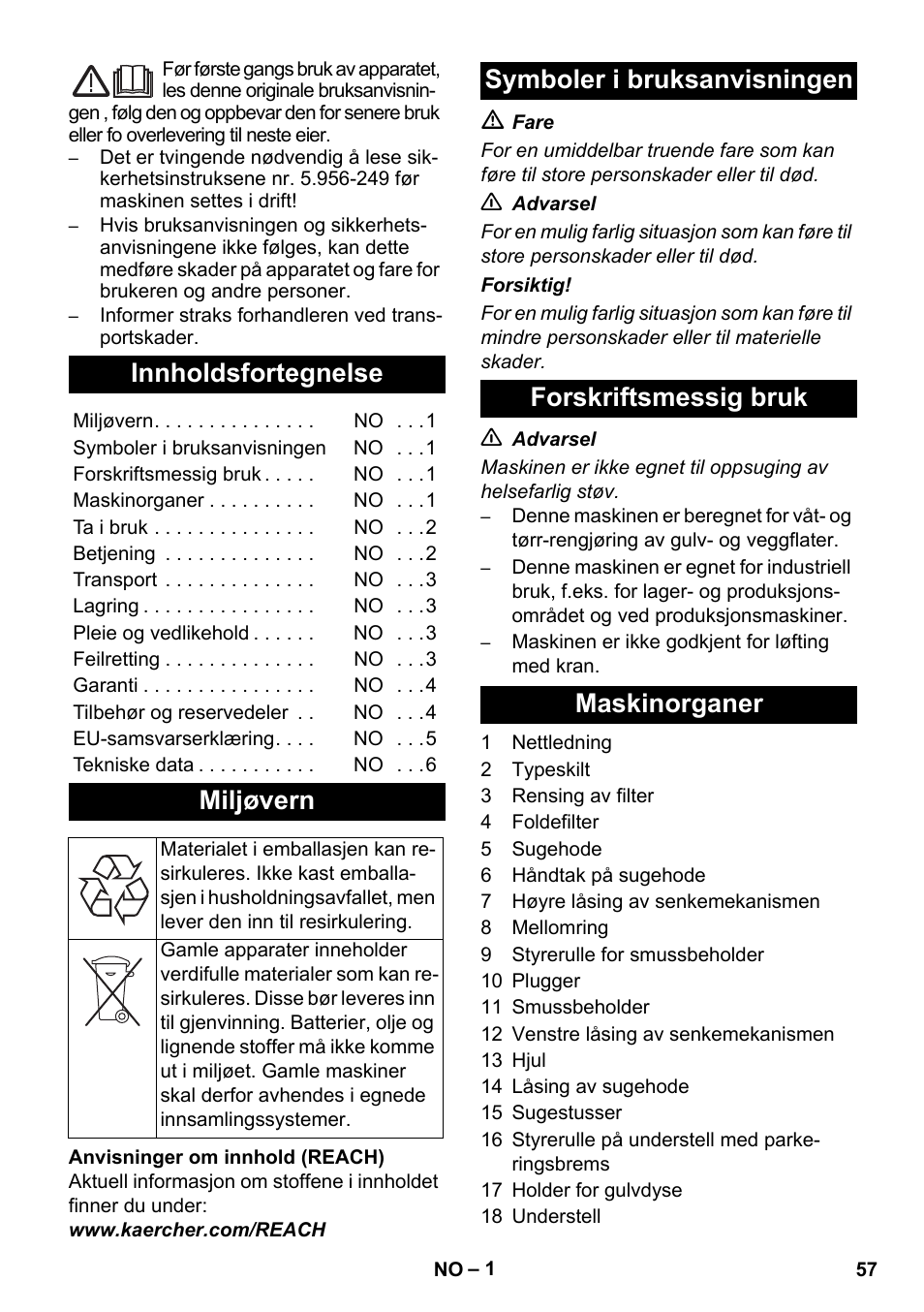 Norsk, Innholdsfortegnelse, Miljøvern | Karcher IVC 60-24-2 Tact User Manual | Page 57 / 180