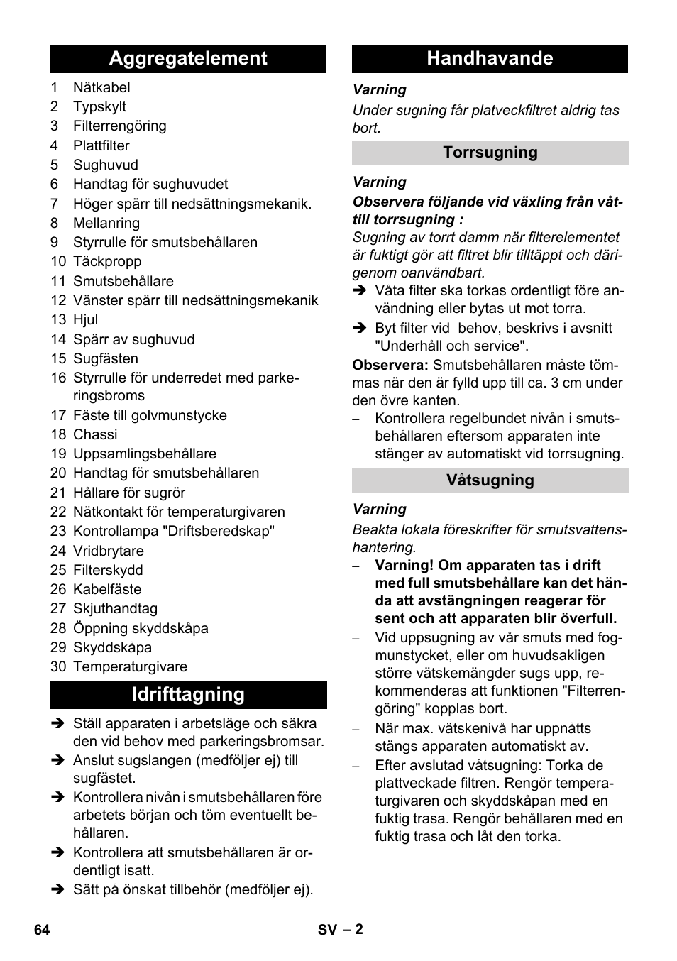Aggregatelement idrifttagning handhavande | Karcher IVC 60-24-2 Tact User Manual | Page 64 / 180