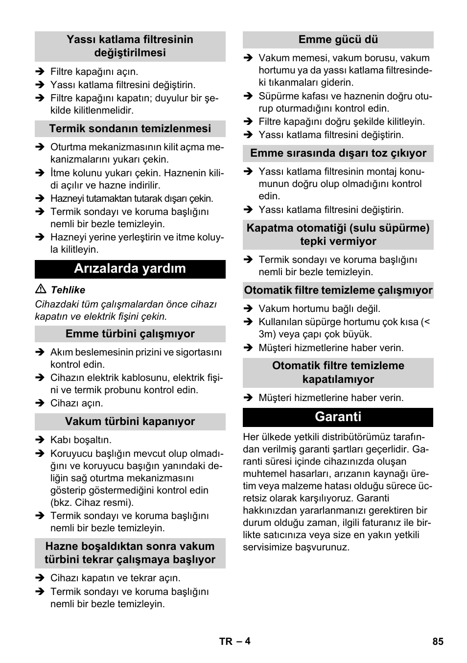 Arızalarda yardım, Garanti | Karcher IVC 60-24-2 Tact User Manual | Page 85 / 180