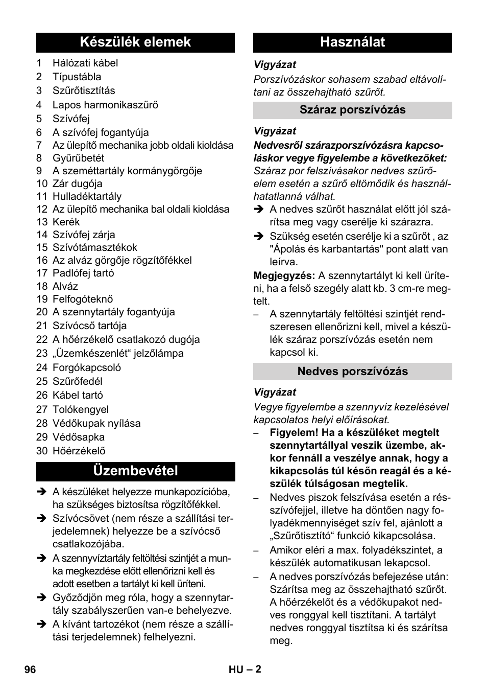 Készülék elemek üzembevétel használat | Karcher IVC 60-24-2 Tact User Manual | Page 96 / 180