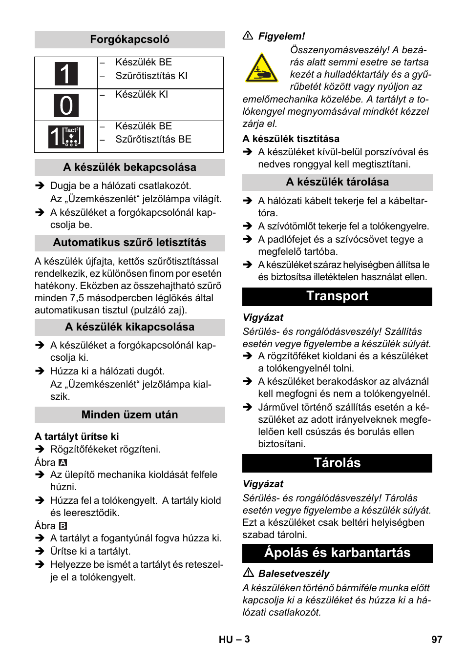 Transport tárolás ápolás és karbantartás | Karcher IVC 60-24-2 Tact User Manual | Page 97 / 180