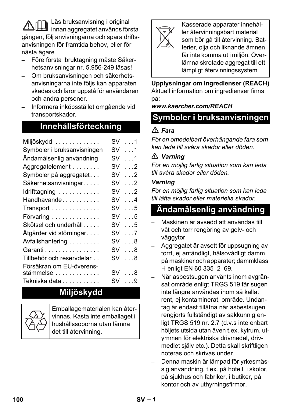 Svenska, Innehållsförteckning, Miljöskydd | Karcher NT 35-1 Tact Te H User Manual | Page 100 / 292