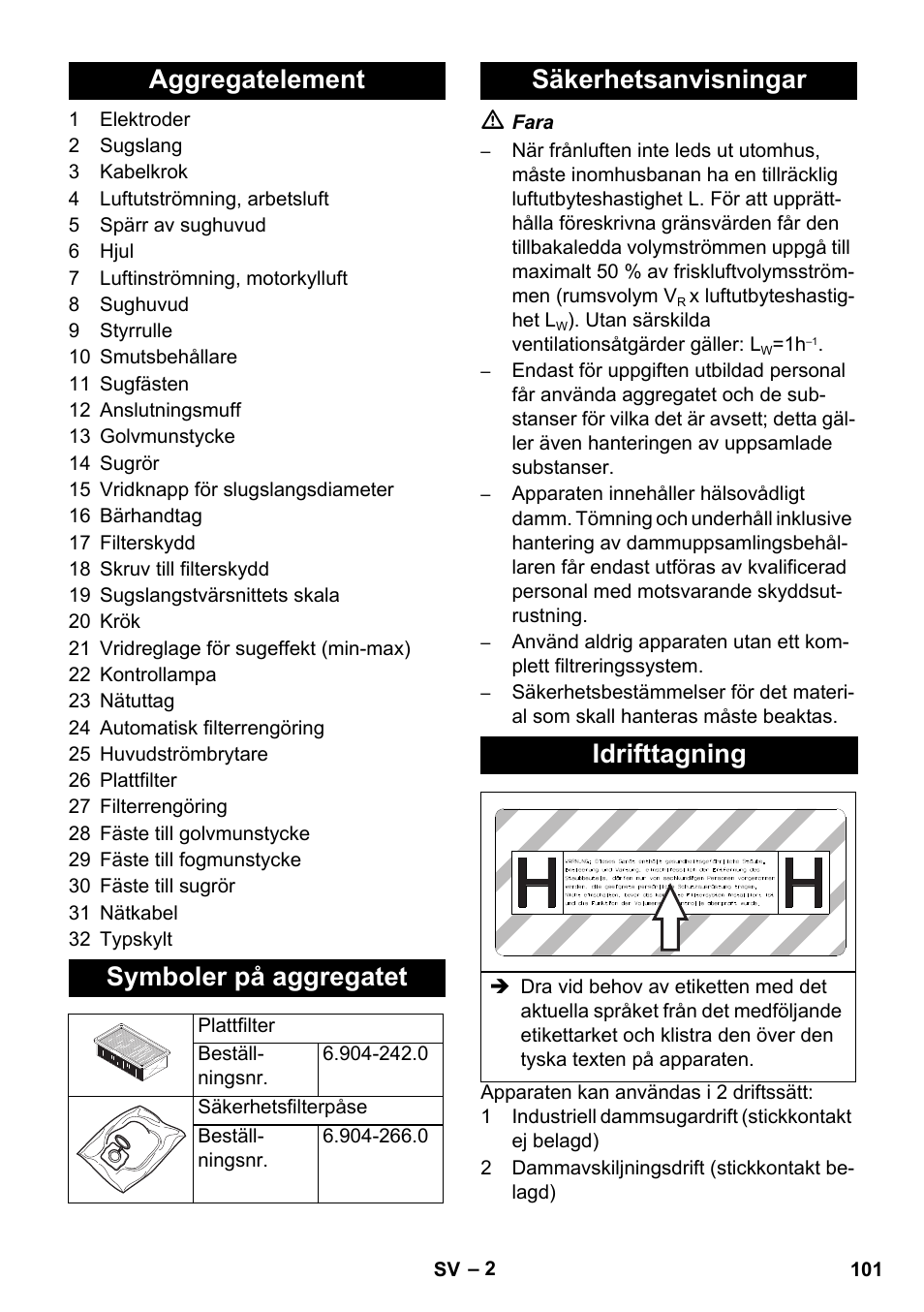 Aggregatelement symboler på aggregatet, Säkerhetsanvisningar idrifttagning | Karcher NT 35-1 Tact Te H User Manual | Page 101 / 292