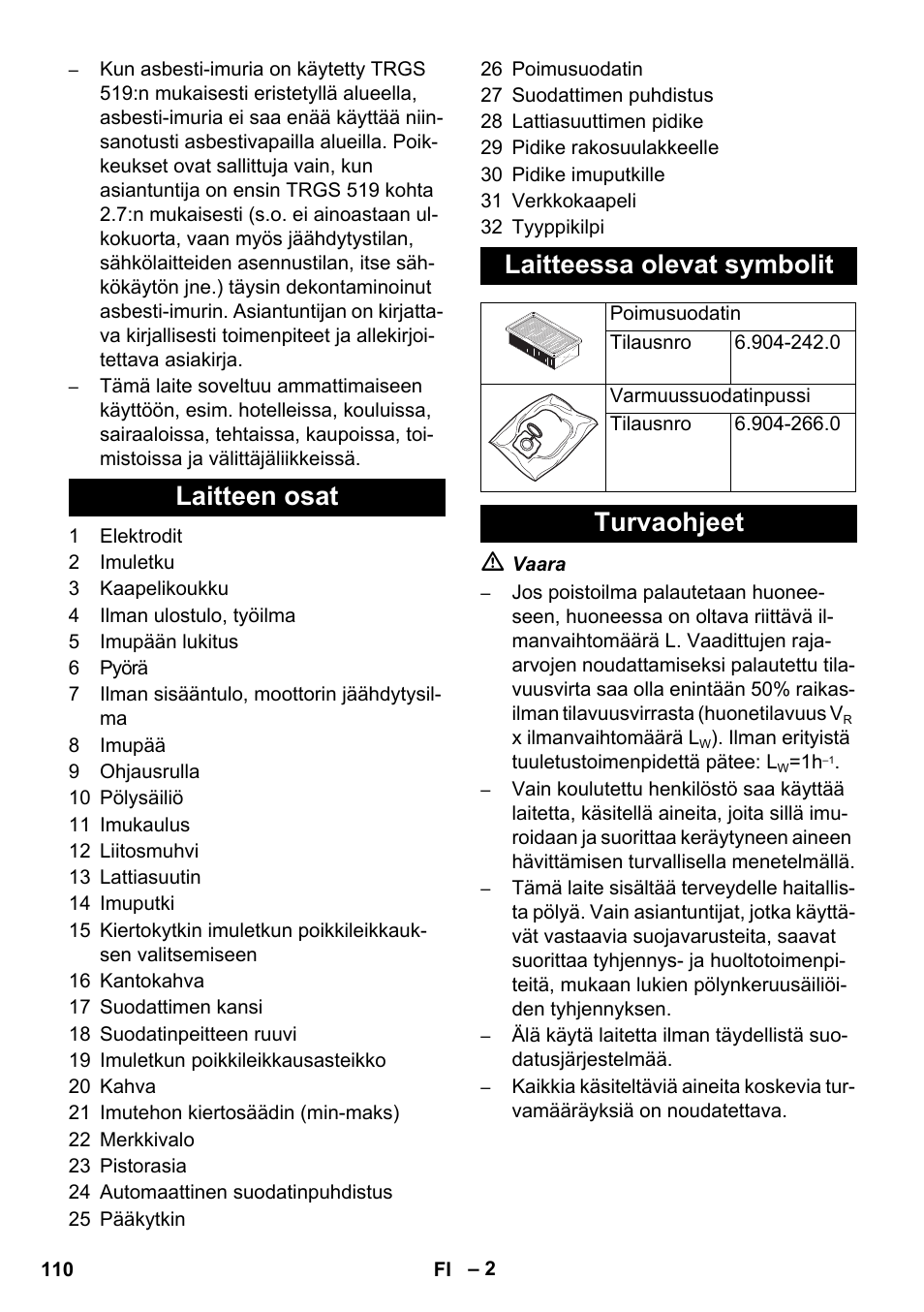 Laitteen osat laitteessa olevat symbolit, Turvaohjeet | Karcher NT 35-1 Tact Te H User Manual | Page 110 / 292