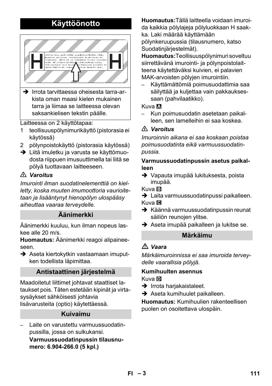 Käyttöönotto | Karcher NT 35-1 Tact Te H User Manual | Page 111 / 292