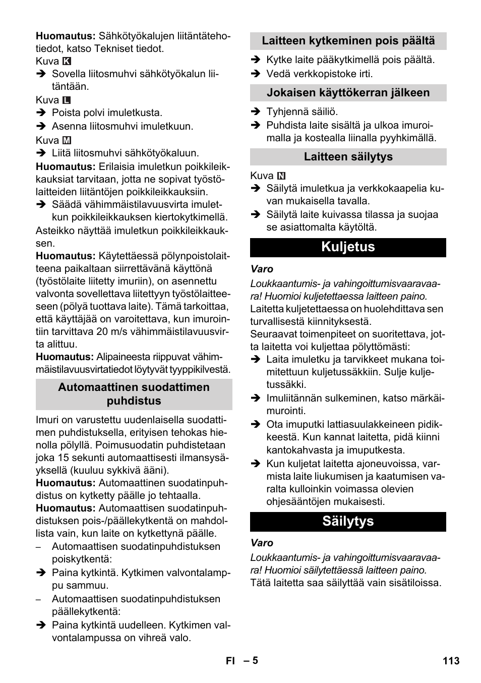 Kuljetus säilytys | Karcher NT 35-1 Tact Te H User Manual | Page 113 / 292