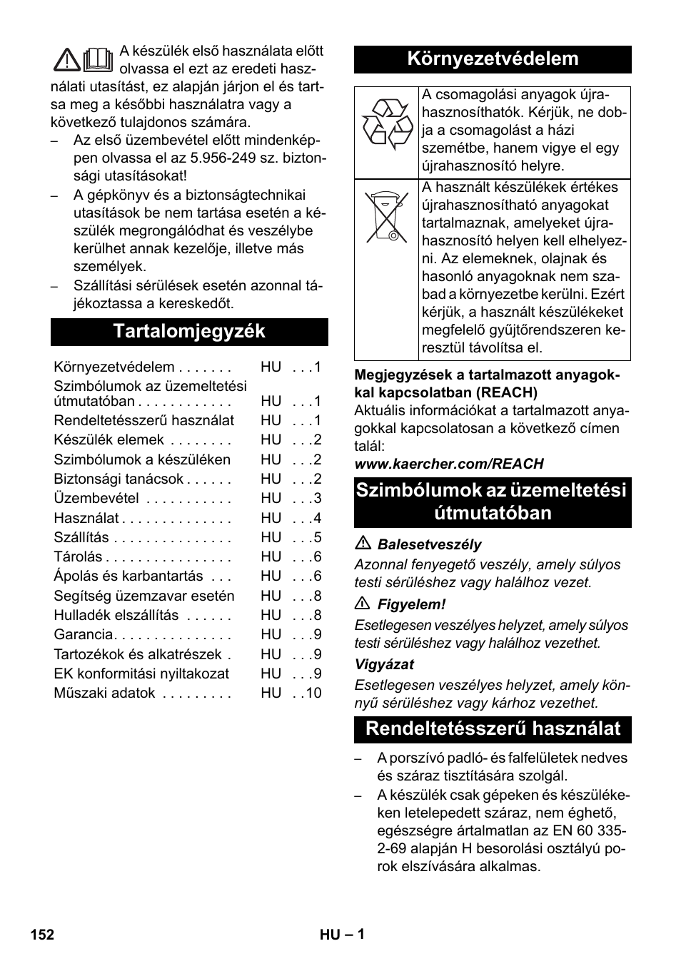 Magyar, Tartalomjegyzék, Környezetvédelem | Karcher NT 35-1 Tact Te H User Manual | Page 152 / 292