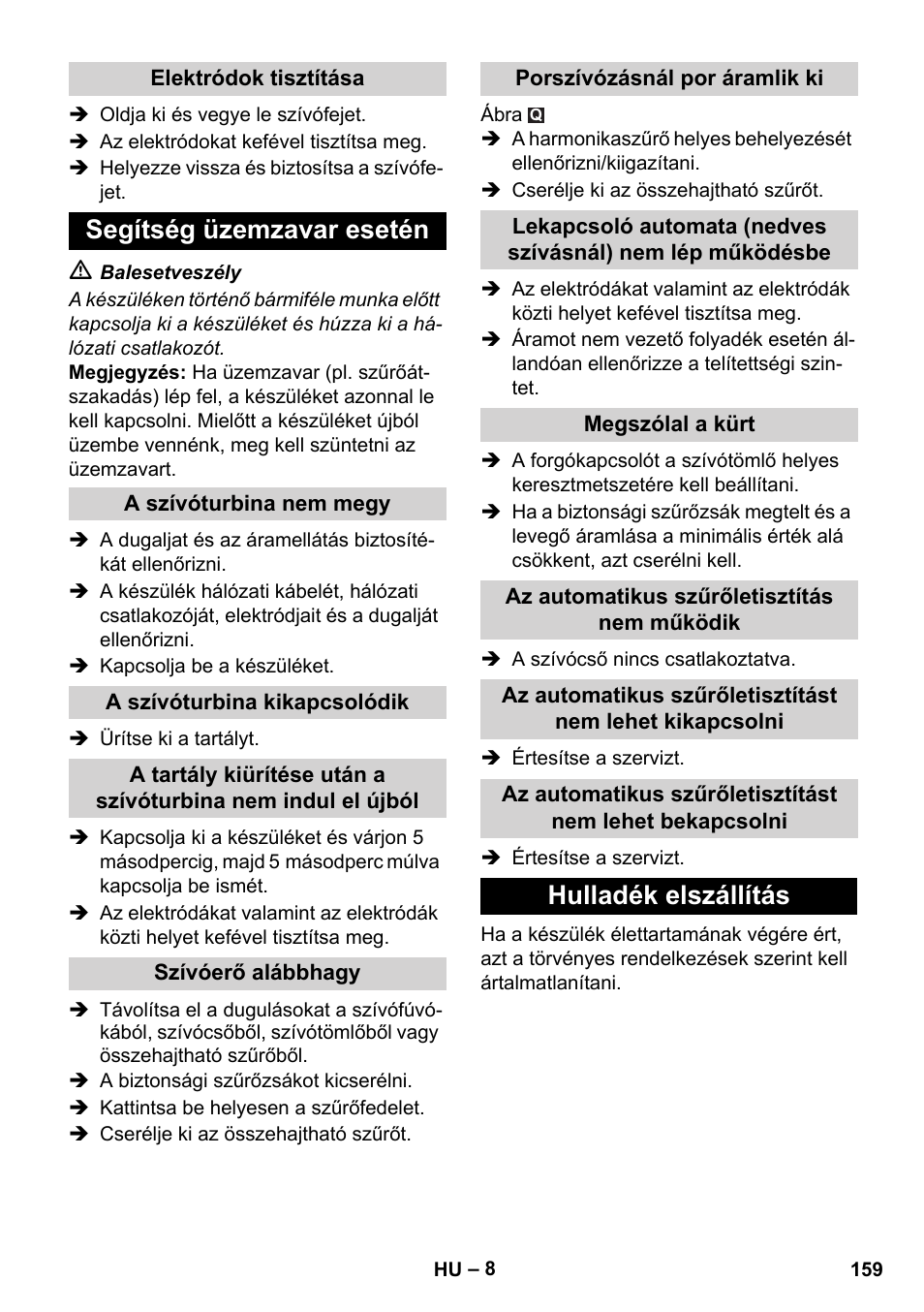 Segítség üzemzavar esetén, Hulladék elszállítás | Karcher NT 35-1 Tact Te H User Manual | Page 159 / 292