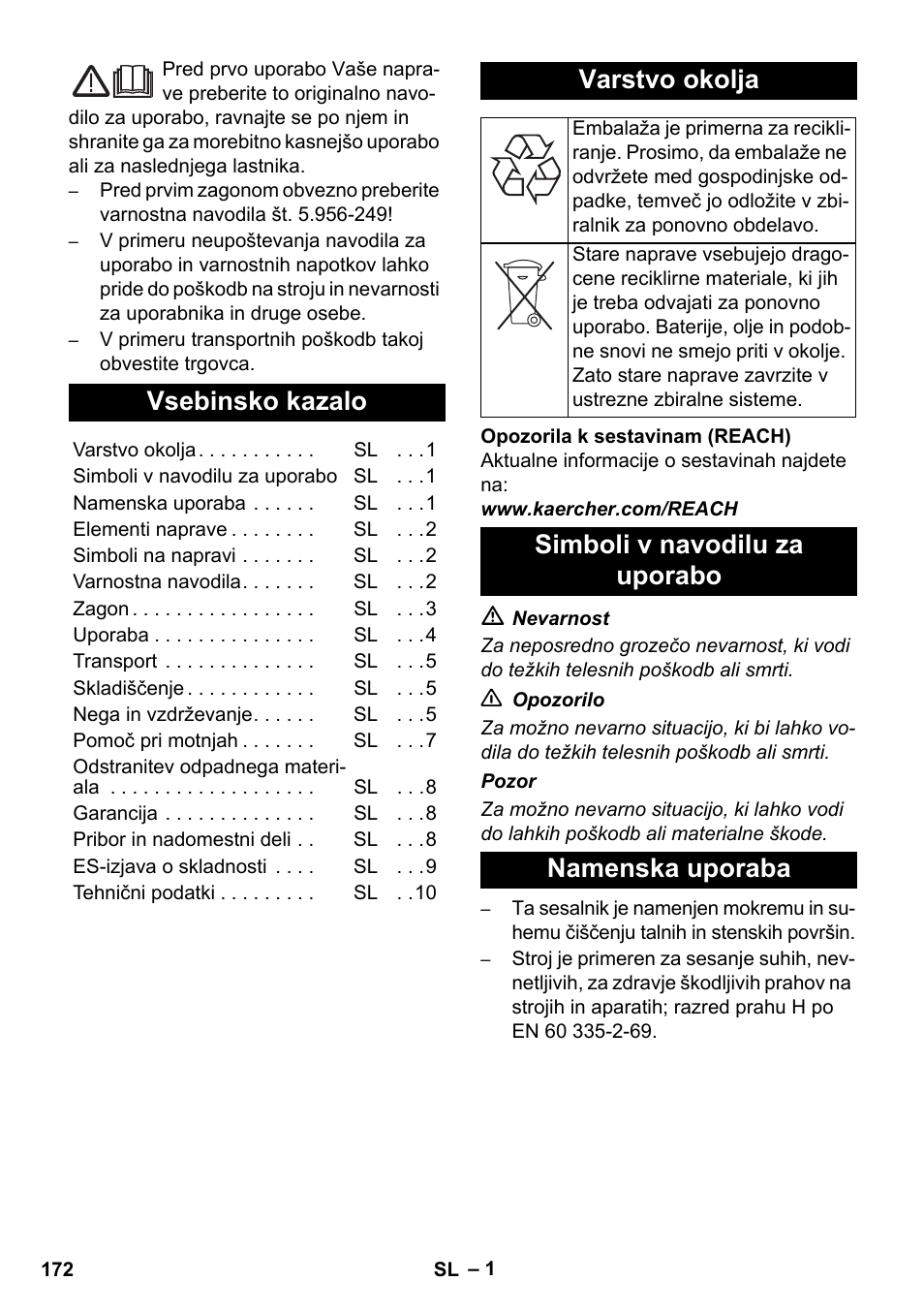 Slovenščina, Vsebinsko kazalo, Varstvo okolja | Simboli v navodilu za uporabo namenska uporaba | Karcher NT 35-1 Tact Te H User Manual | Page 172 / 292