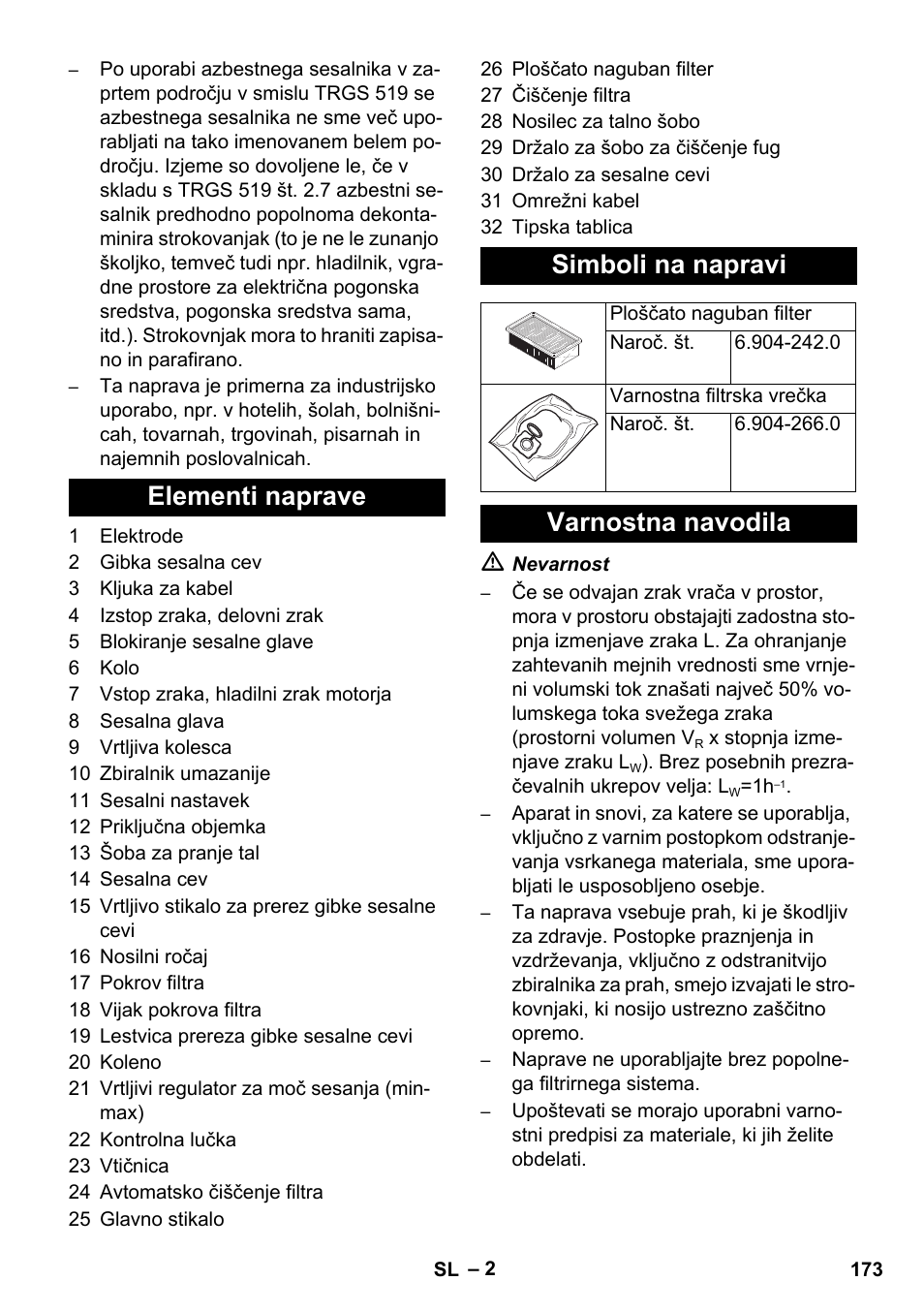 Elementi naprave simboli na napravi, Varnostna navodila | Karcher NT 35-1 Tact Te H User Manual | Page 173 / 292