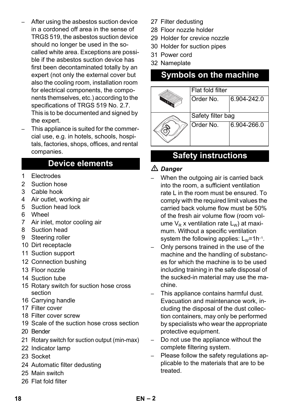 Device elements symbols on the machine, Safety instructions | Karcher NT 35-1 Tact Te H User Manual | Page 18 / 292