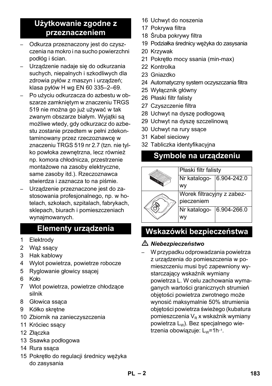 Wskazówki bezpieczeństwa | Karcher NT 35-1 Tact Te H User Manual | Page 183 / 292