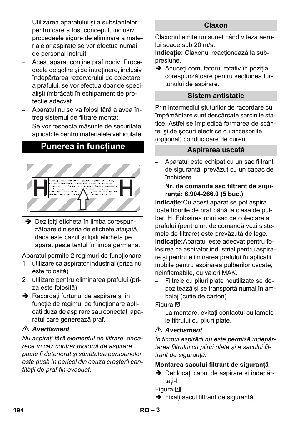 Punerea în funcţiune | Karcher NT 35-1 Tact Te H User Manual | Page 194 / 292