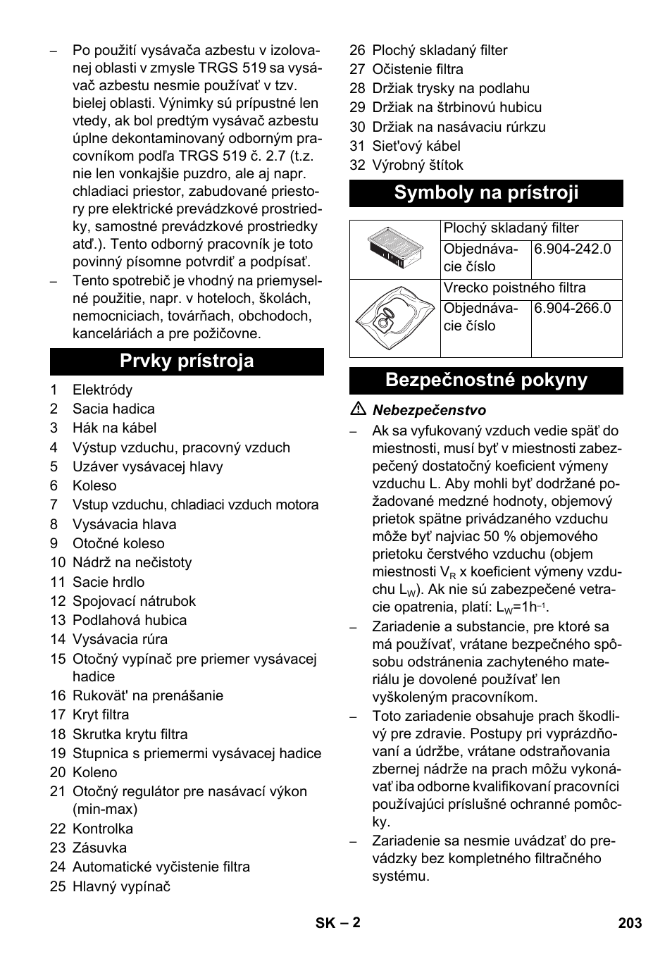 Prvky prístroja symboly na prístroji, Bezpečnostné pokyny | Karcher NT 35-1 Tact Te H User Manual | Page 203 / 292