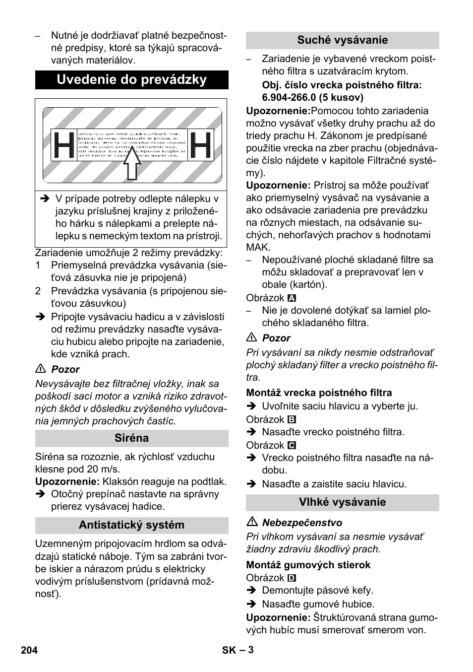 Uvedenie do prevádzky | Karcher NT 35-1 Tact Te H User Manual | Page 204 / 292