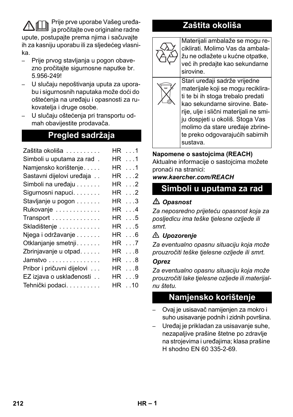 Hrvatski, Pregled sadržaja, Zaštita okoliša | Simboli u uputama za rad namjensko korištenje | Karcher NT 35-1 Tact Te H User Manual | Page 212 / 292