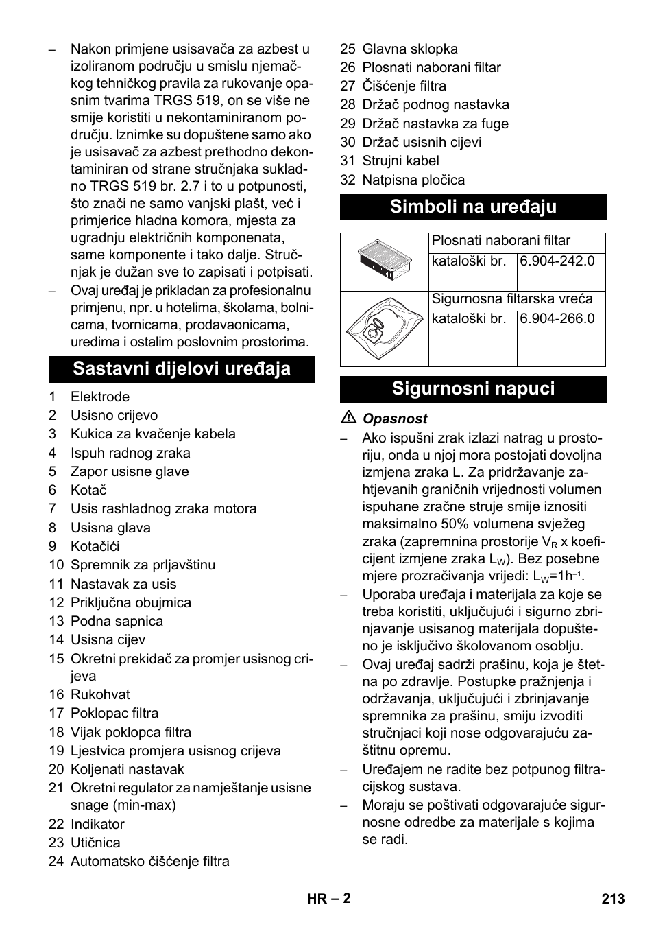 Sastavni dijelovi uređaja simboli na uređaju, Sigurnosni napuci | Karcher NT 35-1 Tact Te H User Manual | Page 213 / 292