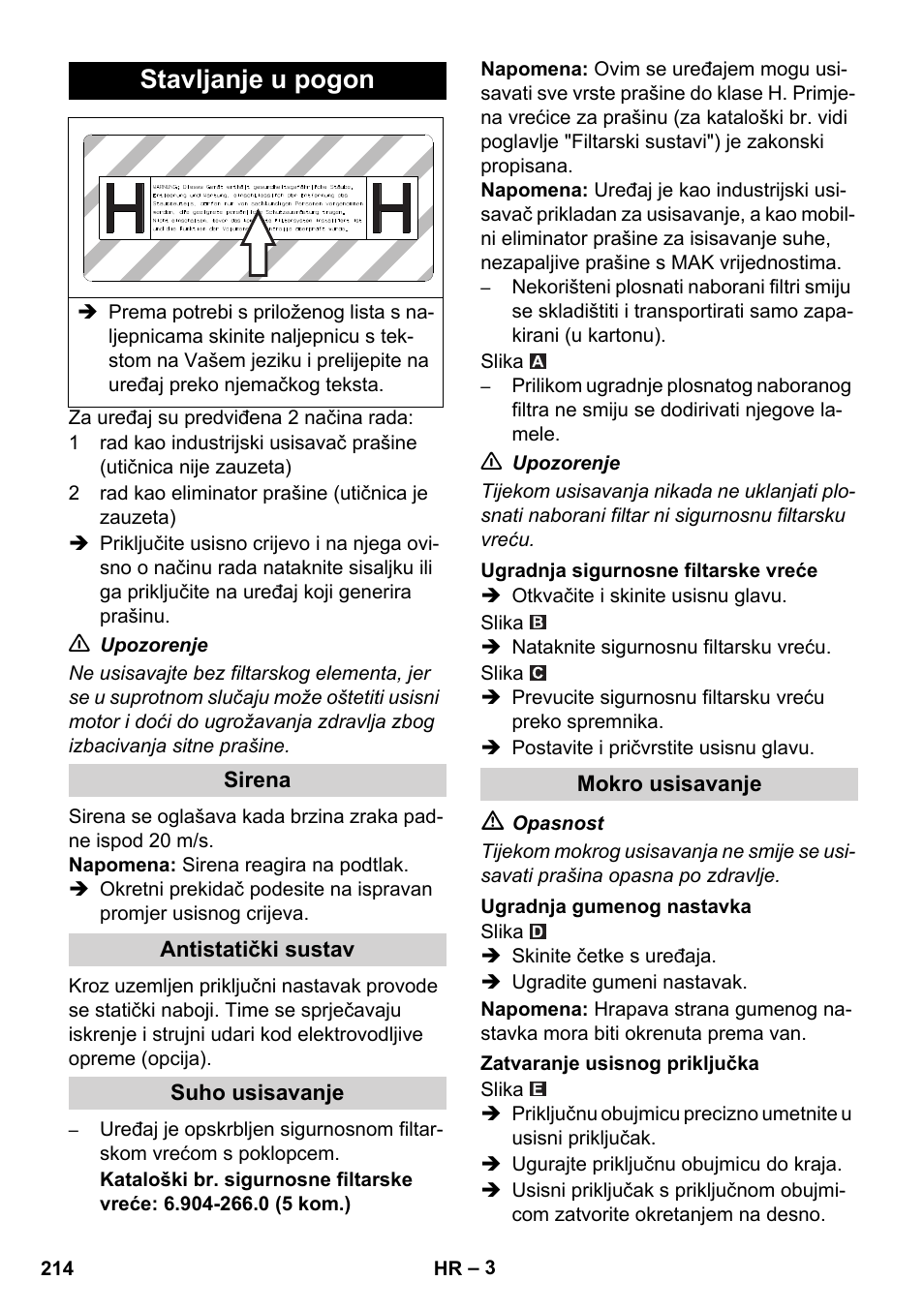 Stavljanje u pogon | Karcher NT 35-1 Tact Te H User Manual | Page 214 / 292