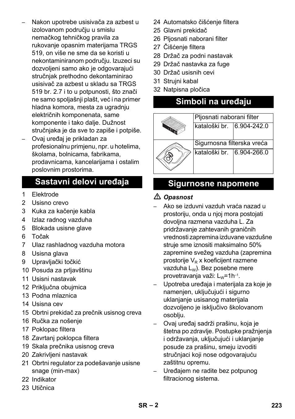 Sastavni delovi uređaja simboli na uređaju, Sigurnosne napomene | Karcher NT 35-1 Tact Te H User Manual | Page 223 / 292