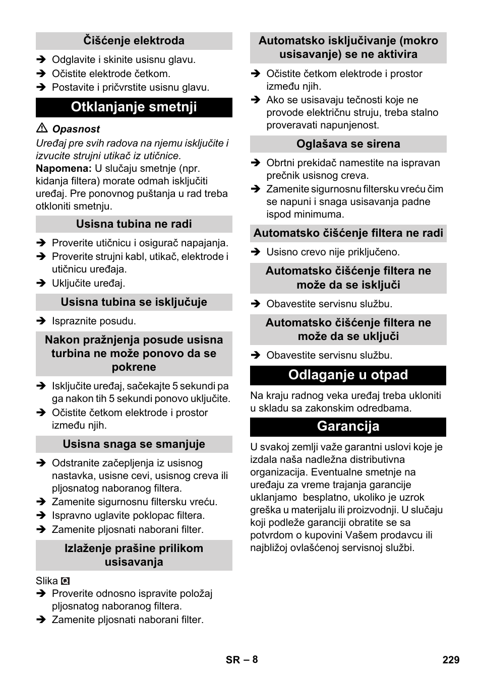 Otklanjanje smetnji, Odlaganje u otpad garancija | Karcher NT 35-1 Tact Te H User Manual | Page 229 / 292