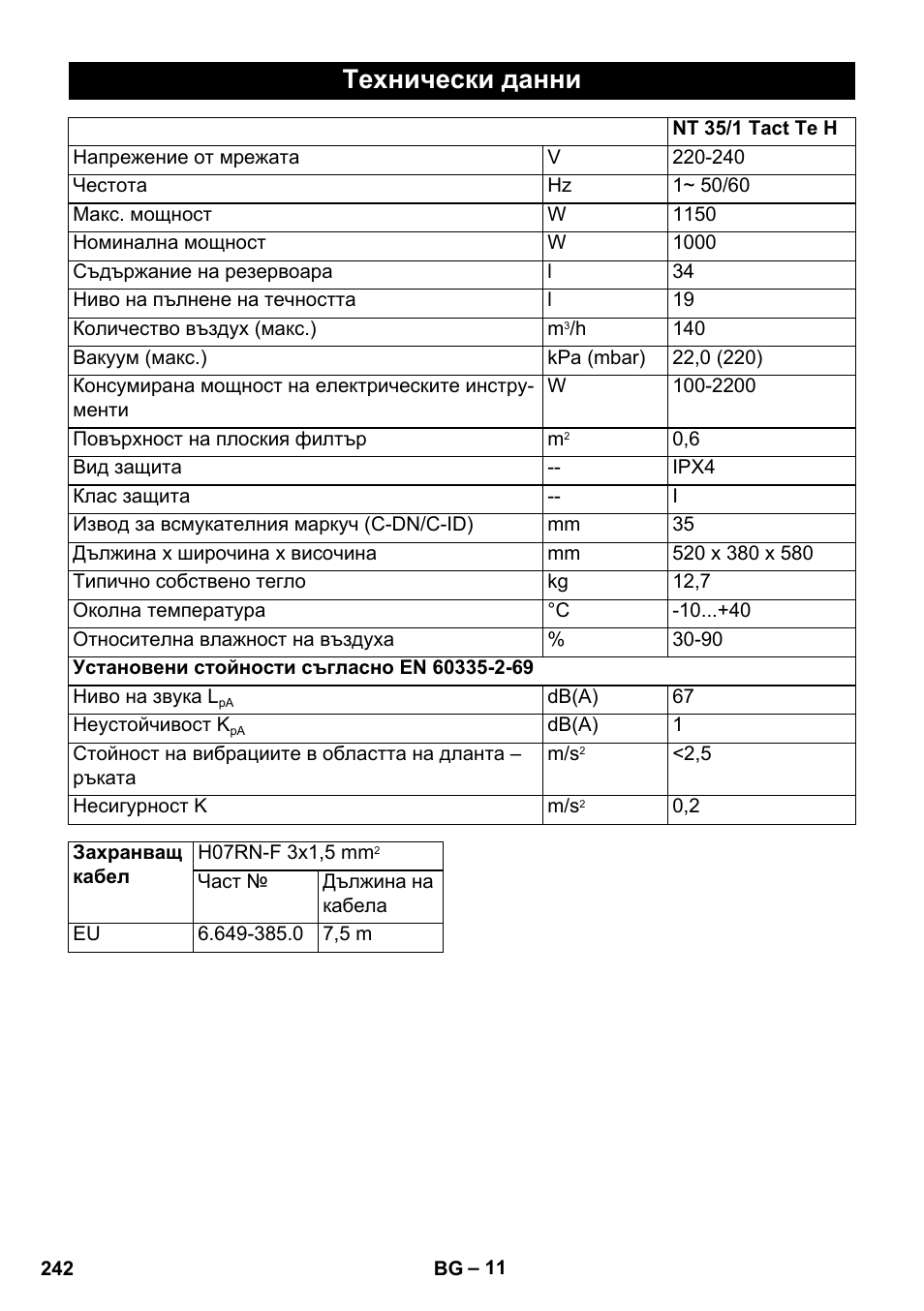 Технически данни | Karcher NT 35-1 Tact Te H User Manual | Page 242 / 292