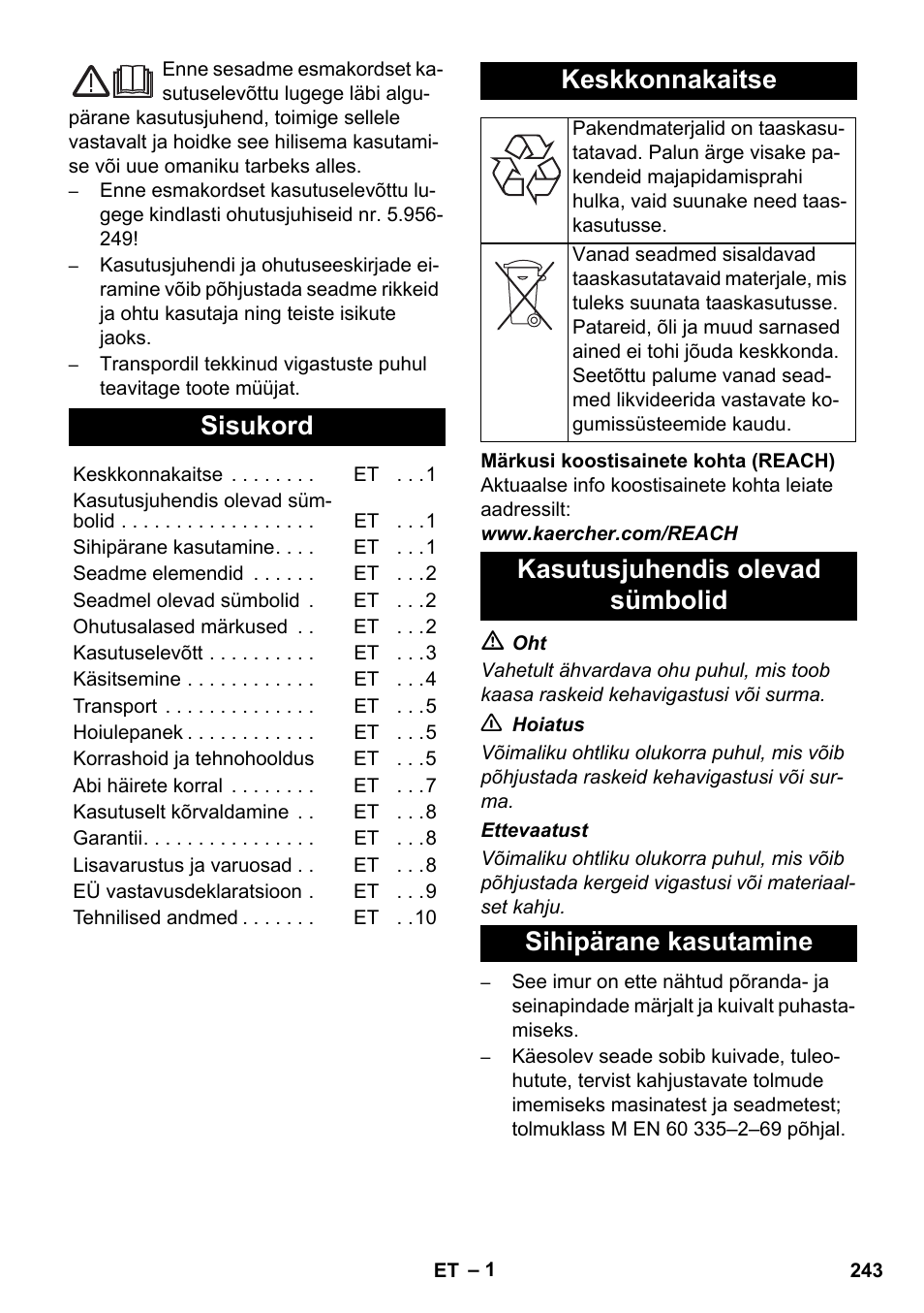 Eesti, Sisukord, Keskkonnakaitse | Karcher NT 35-1 Tact Te H User Manual | Page 243 / 292