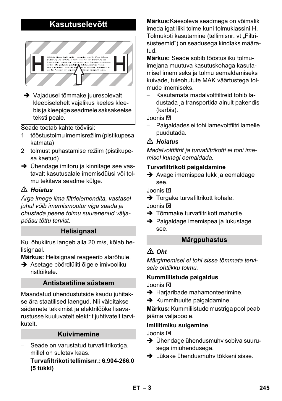 Kasutuselevõtt | Karcher NT 35-1 Tact Te H User Manual | Page 245 / 292