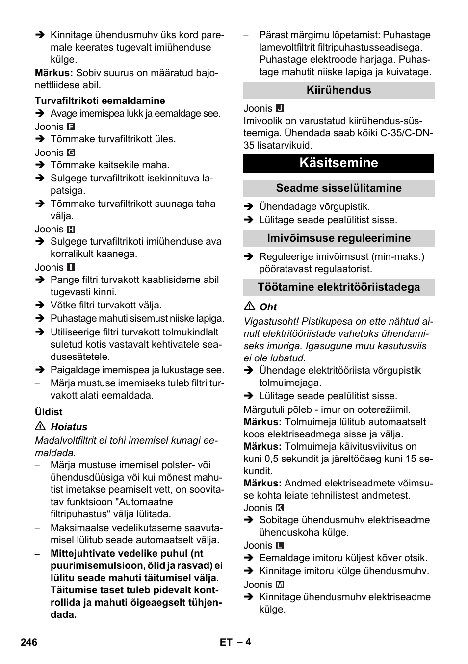 Käsitsemine | Karcher NT 35-1 Tact Te H User Manual | Page 246 / 292