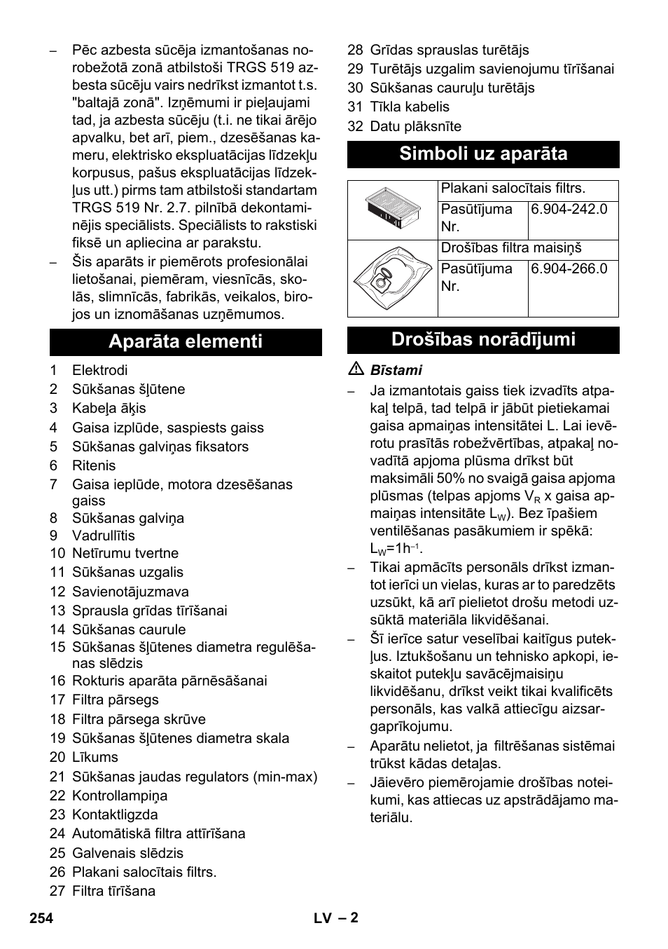 Aparāta elementi simboli uz aparāta, Drošības norādījumi | Karcher NT 35-1 Tact Te H User Manual | Page 254 / 292