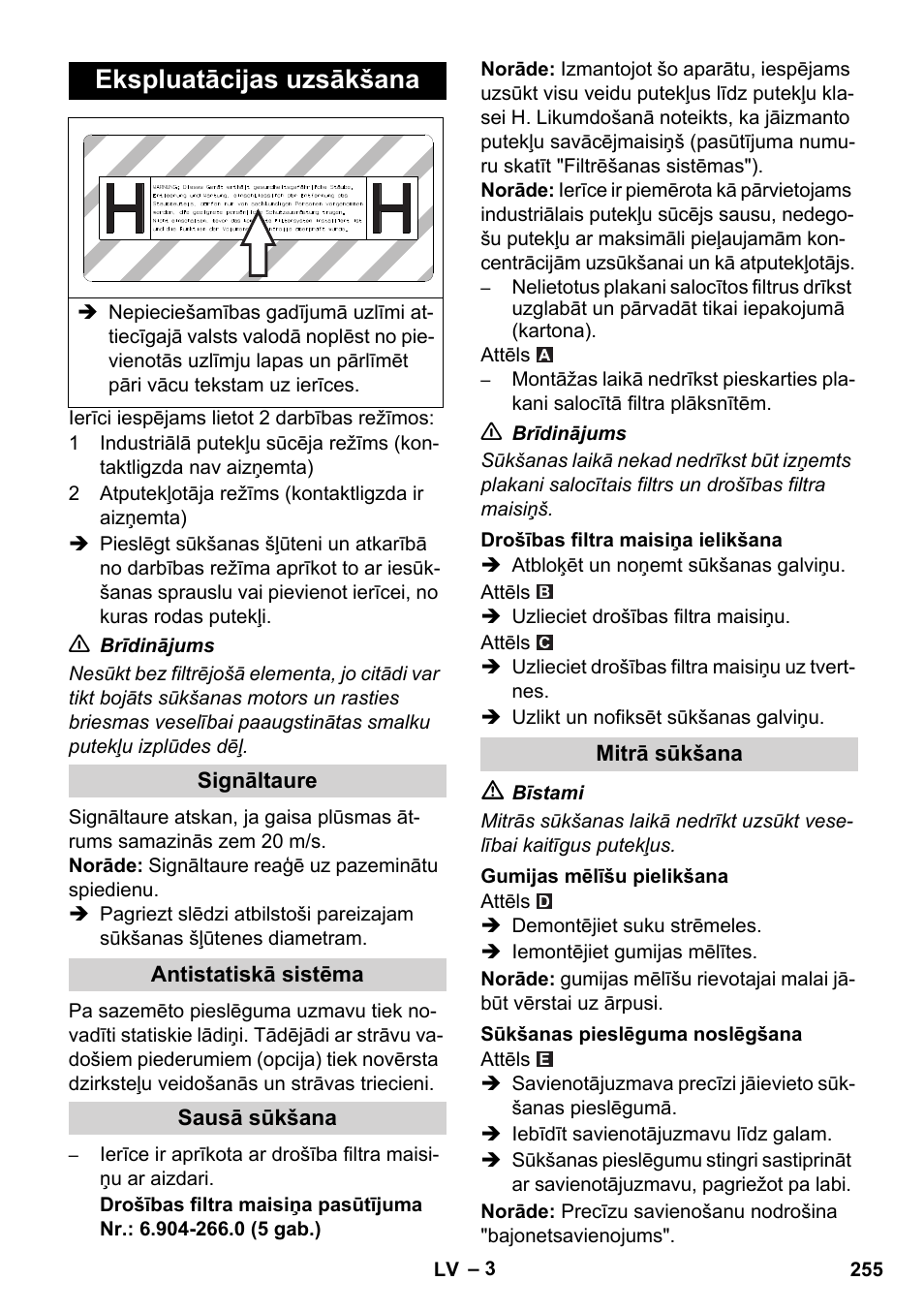 Ekspluatācijas uzsākšana | Karcher NT 35-1 Tact Te H User Manual | Page 255 / 292