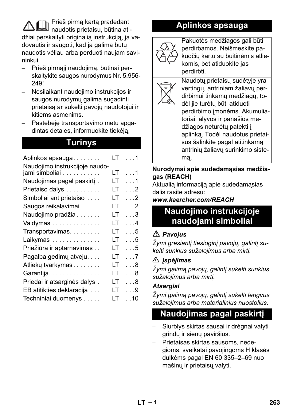 Lietuviškai, Turinys, Aplinkos apsauga | Karcher NT 35-1 Tact Te H User Manual | Page 263 / 292