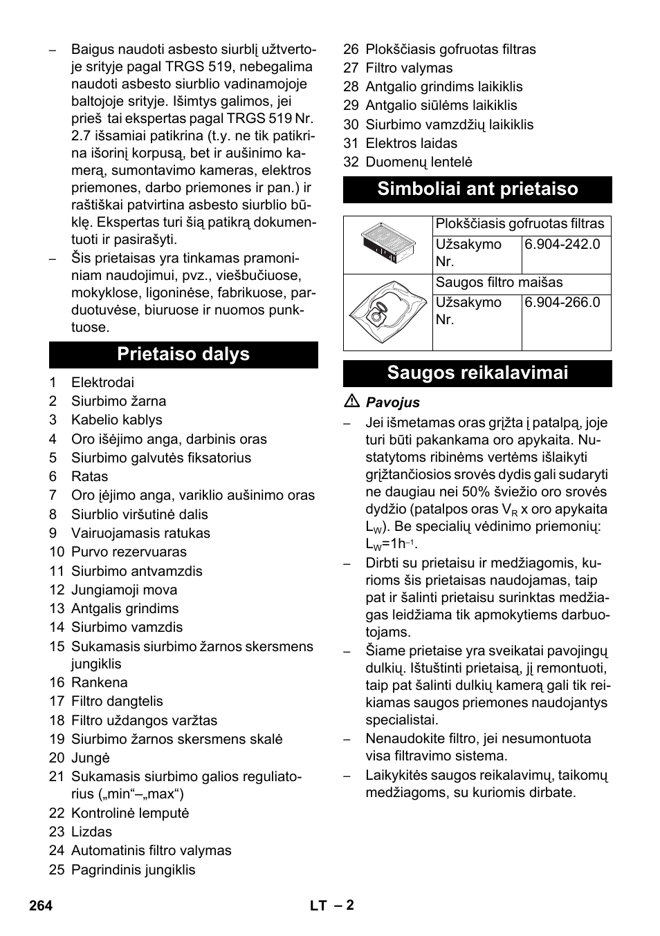 Prietaiso dalys simboliai ant prietaiso, Saugos reikalavimai | Karcher NT 35-1 Tact Te H User Manual | Page 264 / 292