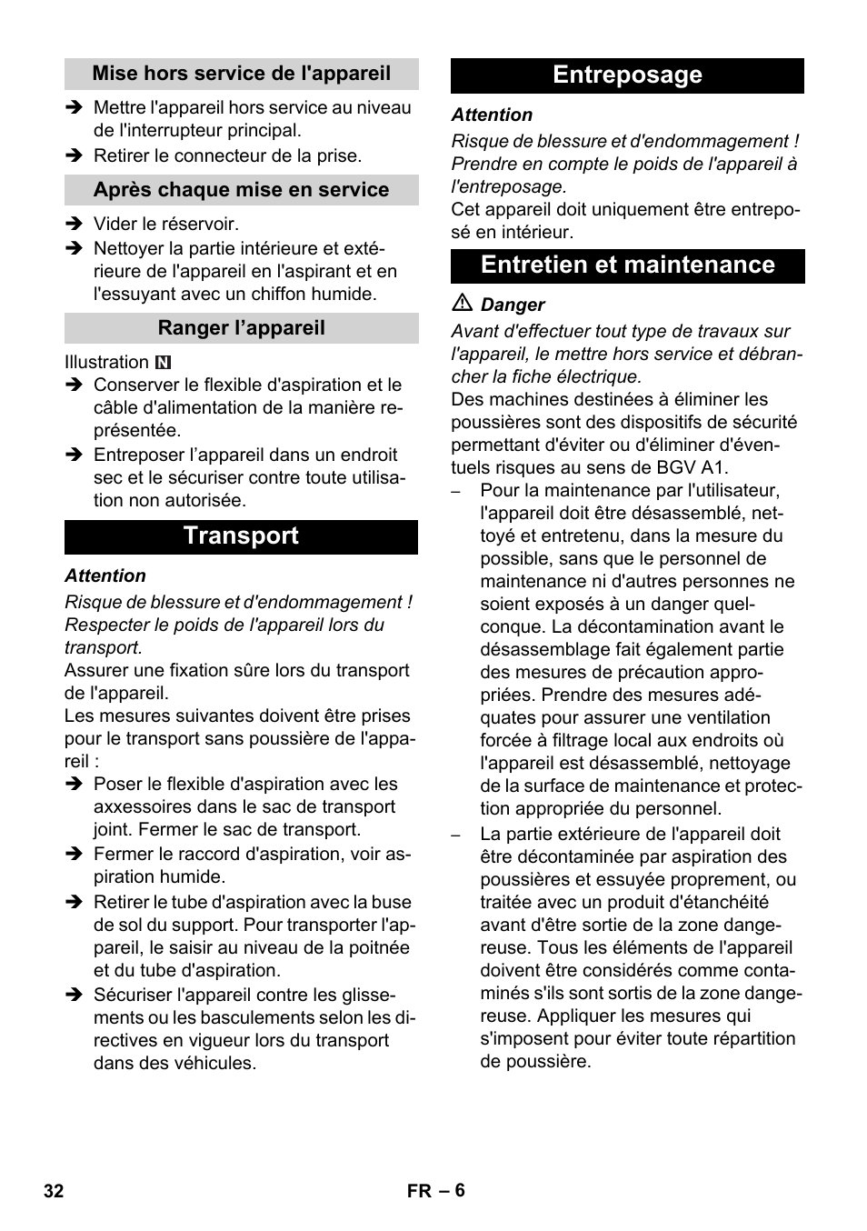 Transport entreposage entretien et maintenance | Karcher NT 35-1 Tact Te H User Manual | Page 32 / 292