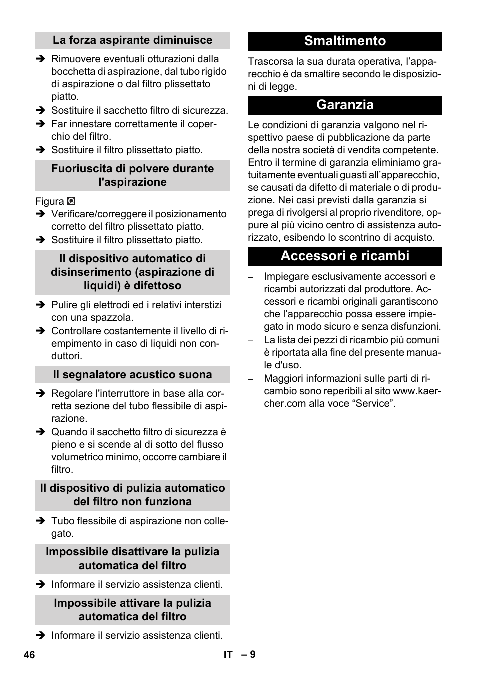 Smaltimento garanzia accessori e ricambi | Karcher NT 35-1 Tact Te H User Manual | Page 46 / 292