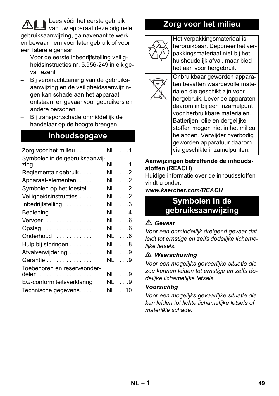 Nederlands, Inhoudsopgave, Zorg voor het milieu | Symbolen in de gebruiksaanwijzing | Karcher NT 35-1 Tact Te H User Manual | Page 49 / 292