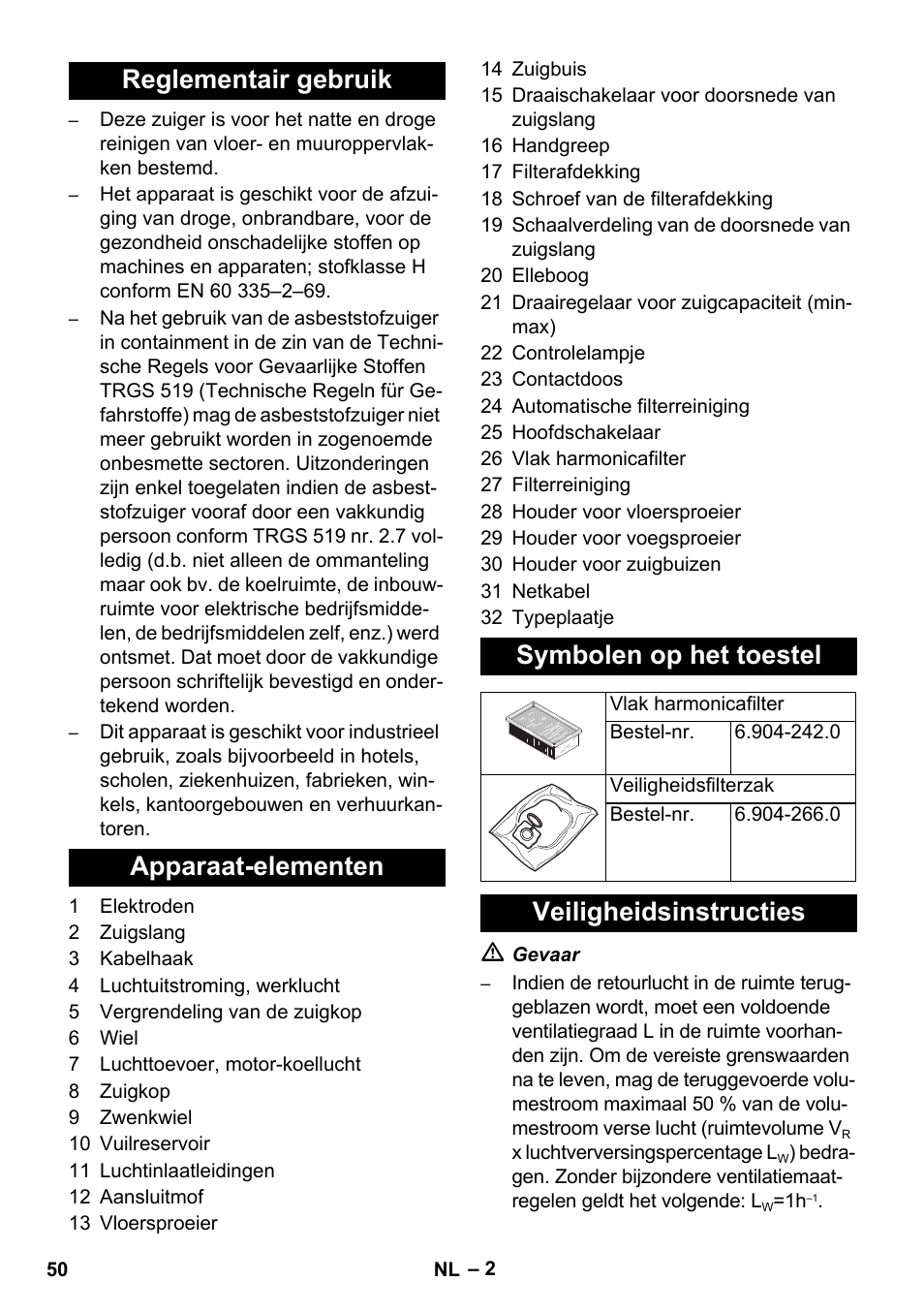 Veiligheidsinstructies | Karcher NT 35-1 Tact Te H User Manual | Page 50 / 292