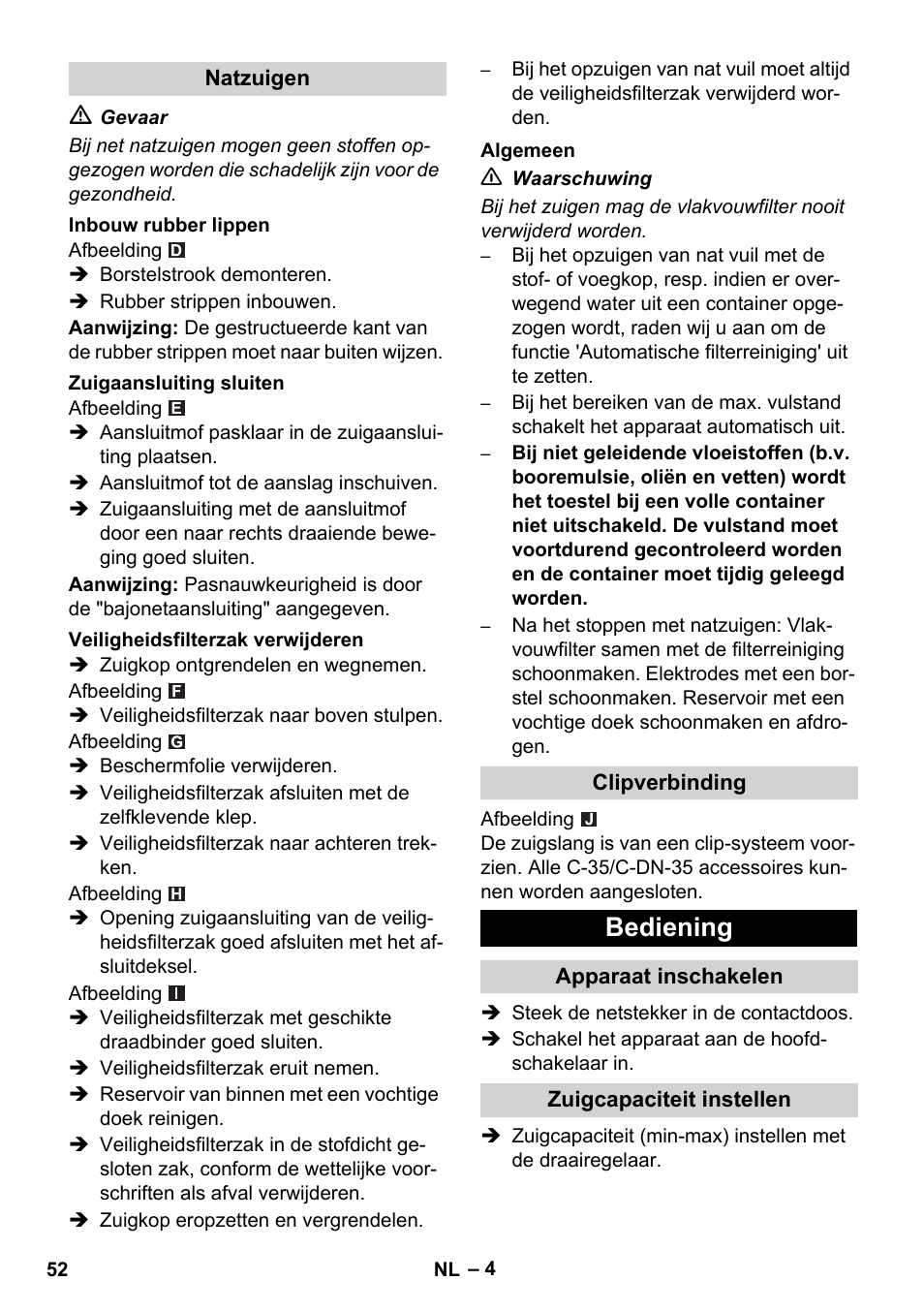 Bediening | Karcher NT 35-1 Tact Te H User Manual | Page 52 / 292