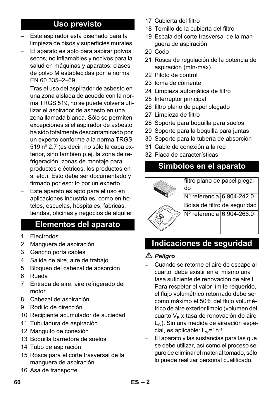 Indicaciones de seguridad | Karcher NT 35-1 Tact Te H User Manual | Page 60 / 292