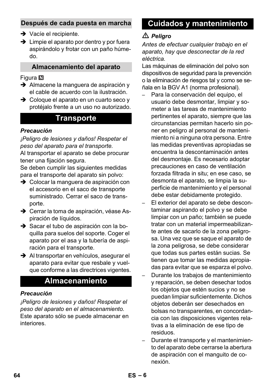 Transporte almacenamiento cuidados y mantenimiento | Karcher NT 35-1 Tact Te H User Manual | Page 64 / 292