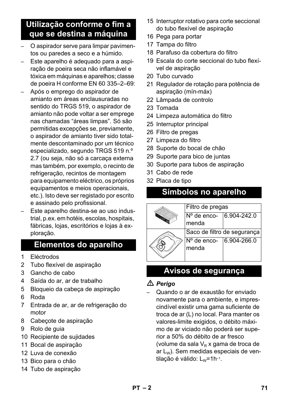 Avisos de segurança | Karcher NT 35-1 Tact Te H User Manual | Page 71 / 292