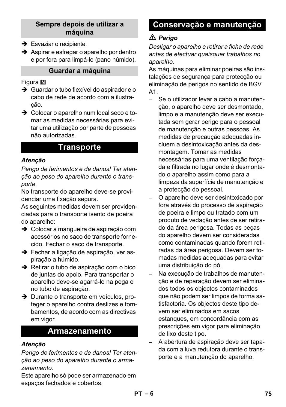 Transporte armazenamento conservação e manutenção | Karcher NT 35-1 Tact Te H User Manual | Page 75 / 292