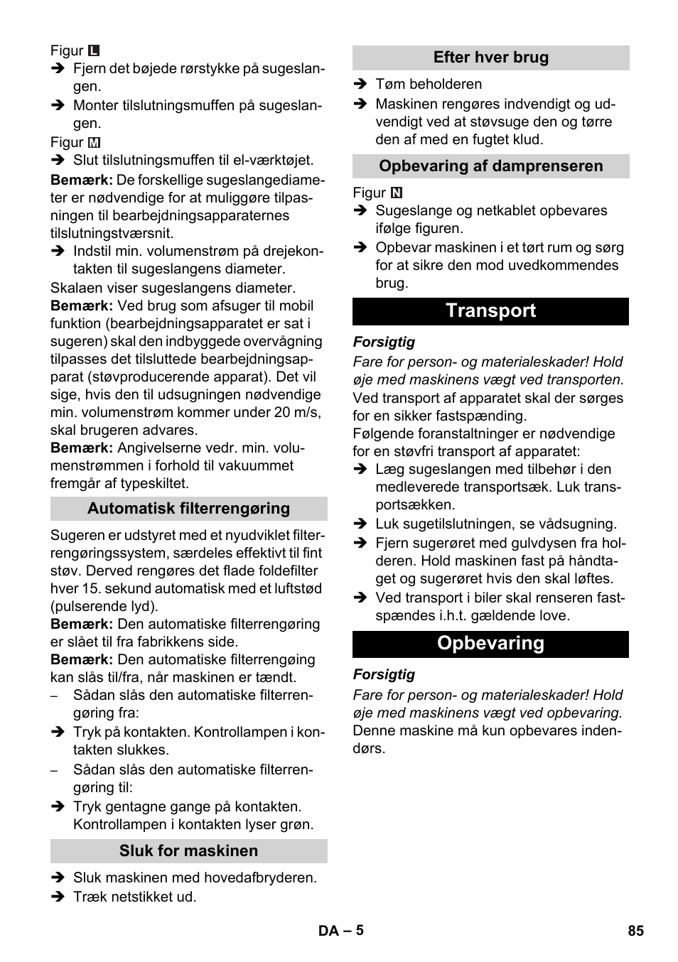 Transport opbevaring | Karcher NT 35-1 Tact Te H User Manual | Page 85 / 292