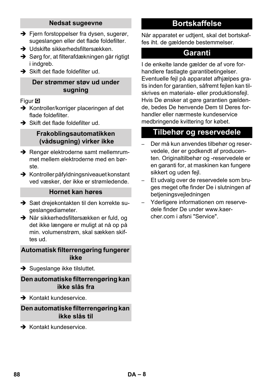 Bortskaffelse garanti tilbehør og reservedele | Karcher NT 35-1 Tact Te H User Manual | Page 88 / 292