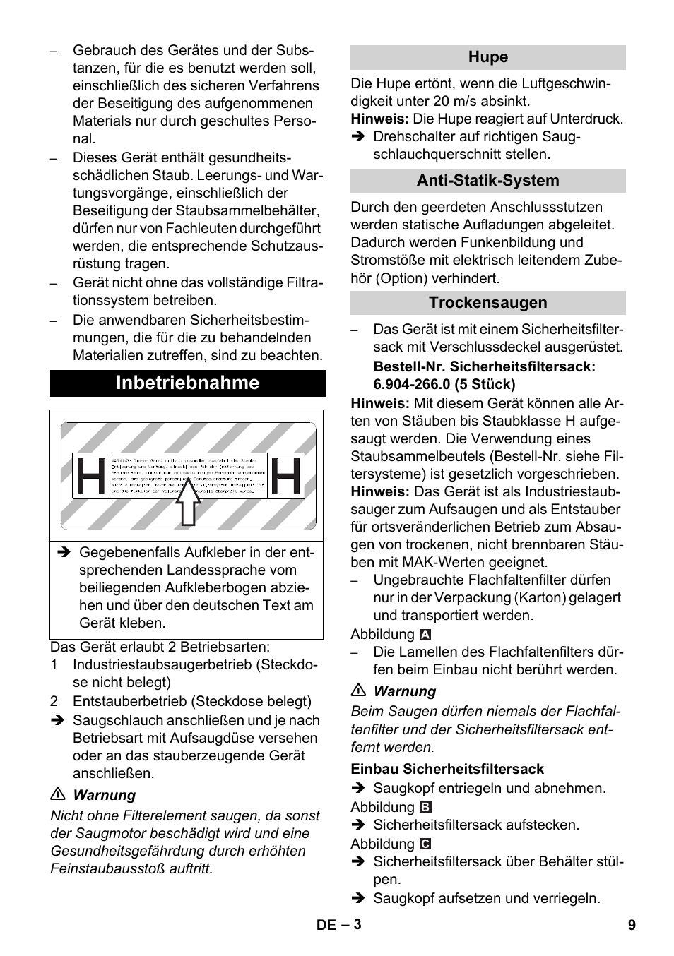 Inbetriebnahme | Karcher NT 35-1 Tact Te H User Manual | Page 9 / 292