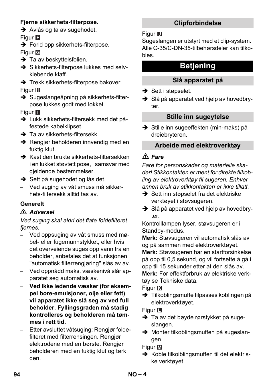 Betjening | Karcher NT 35-1 Tact Te H User Manual | Page 94 / 292