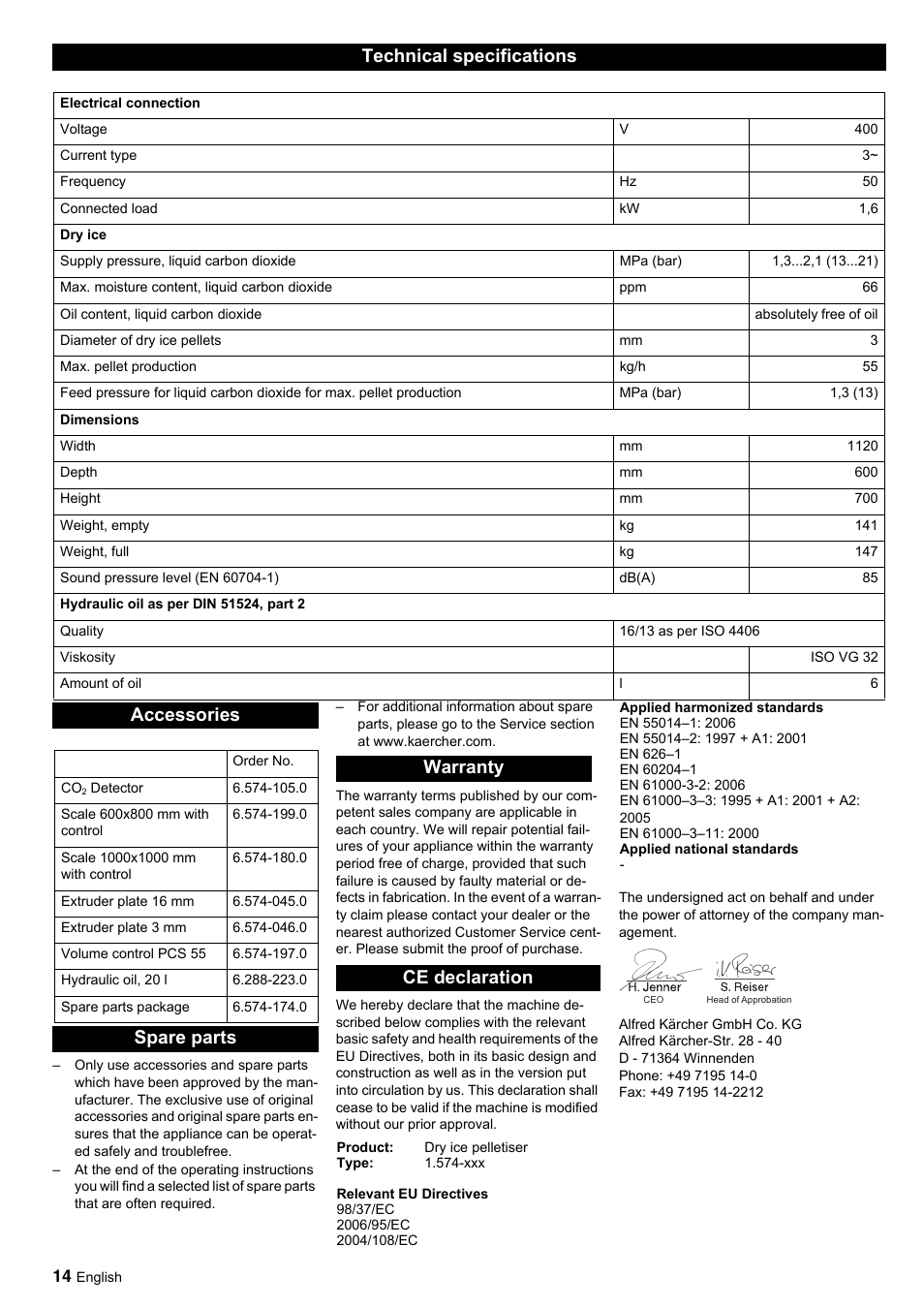 Technical specifications, Accessories, Spare parts warranty ce declaration | Karcher IP 55 User Manual | Page 14 / 117