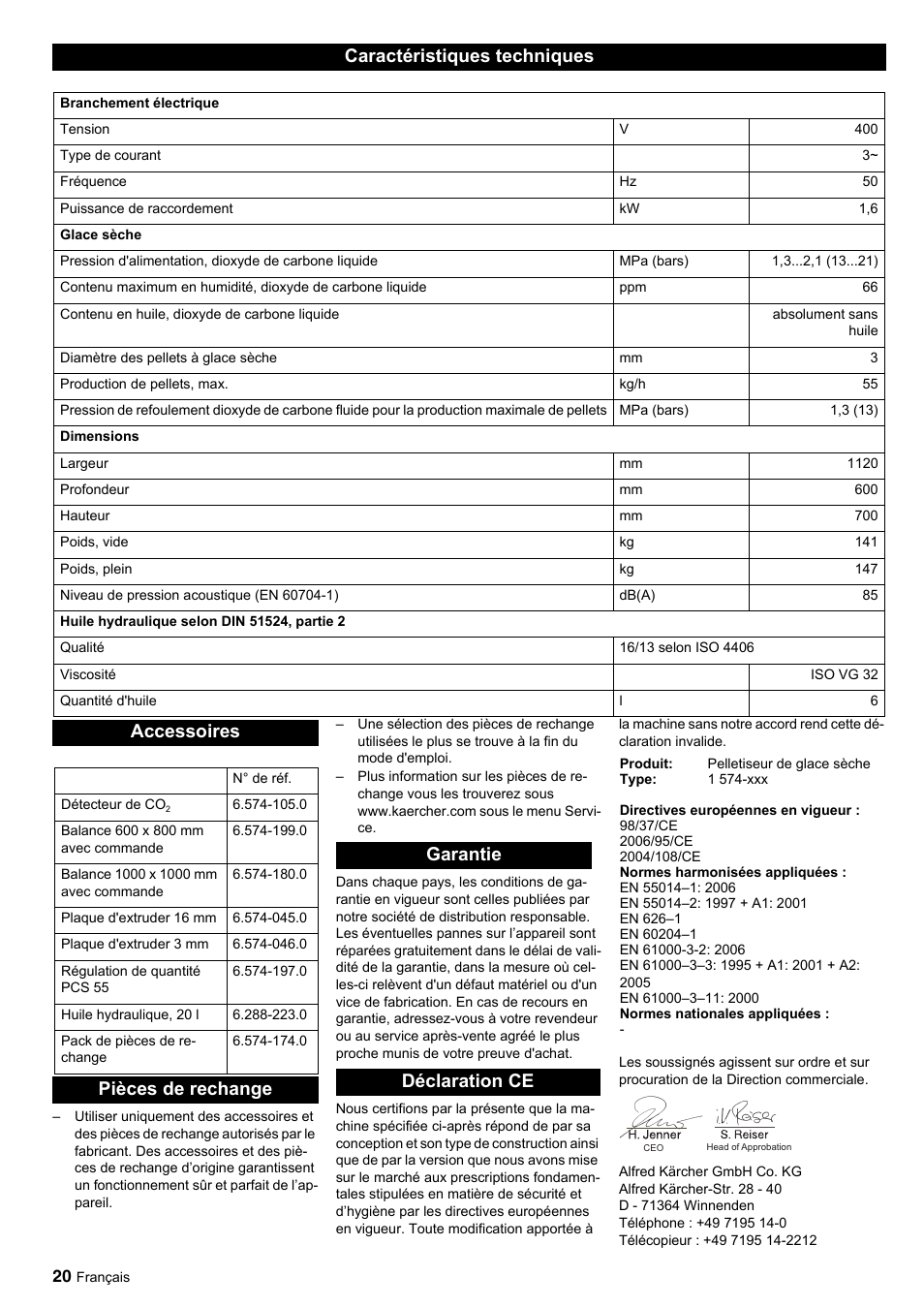 Caractéristiques techniques, Accessoires, Pièces de rechange garantie déclaration ce | Karcher IP 55 User Manual | Page 20 / 117